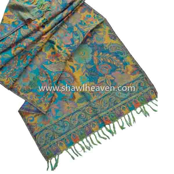 Yellow turquoise ethnic floral scarf foulard